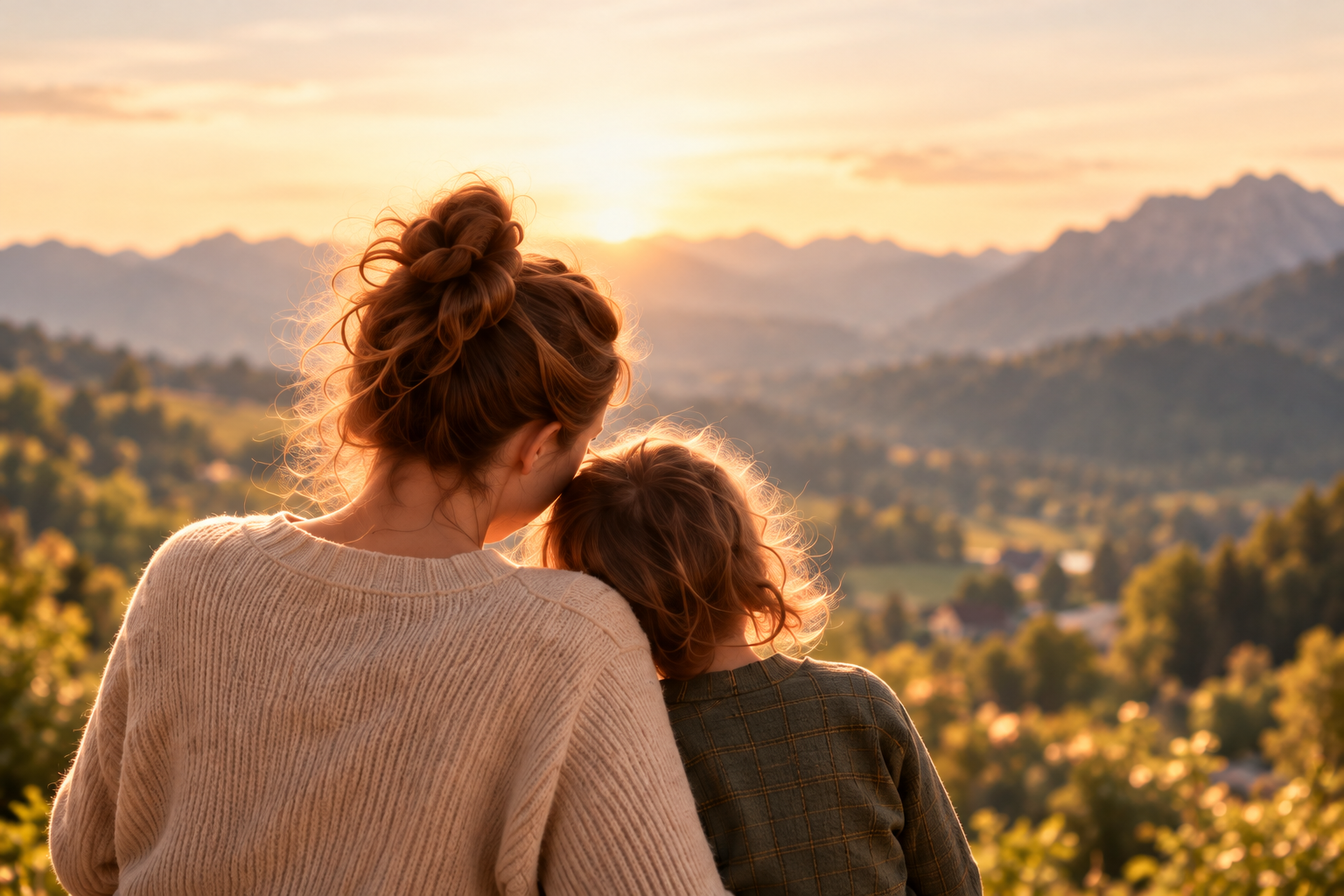 Mutter und Kind blicken gemeinsam in eine sonnige Berglandschaft